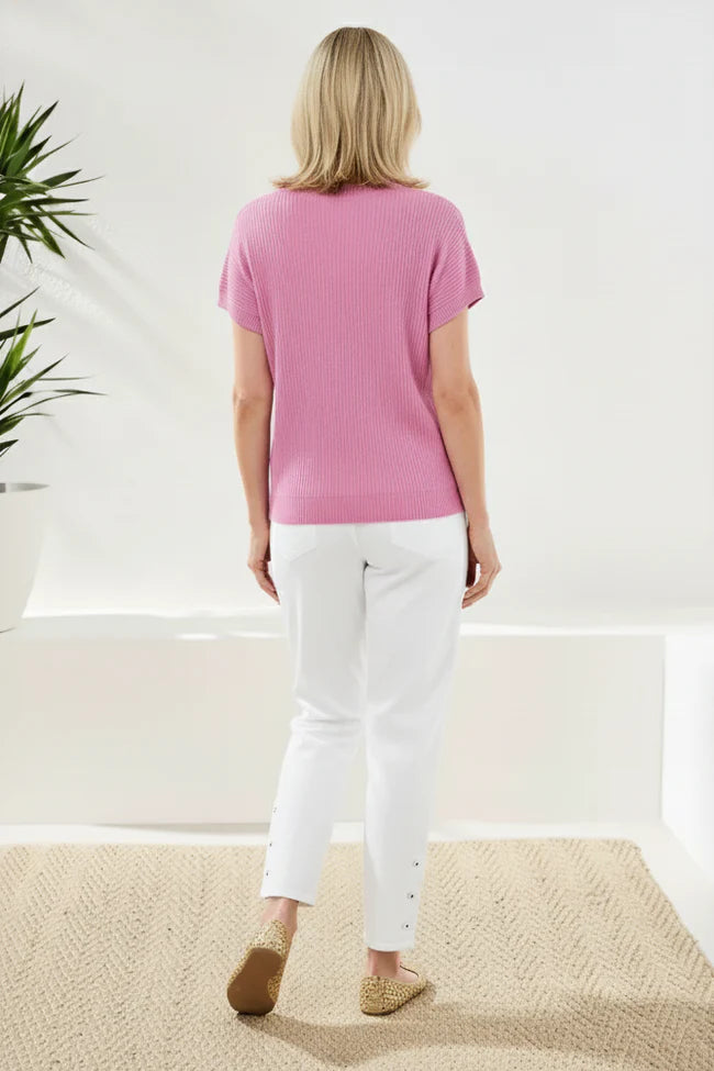 DOLMAN SHORT SLEEVE RIBBED KNIT TOP WITH POCKET "WISTERIA"