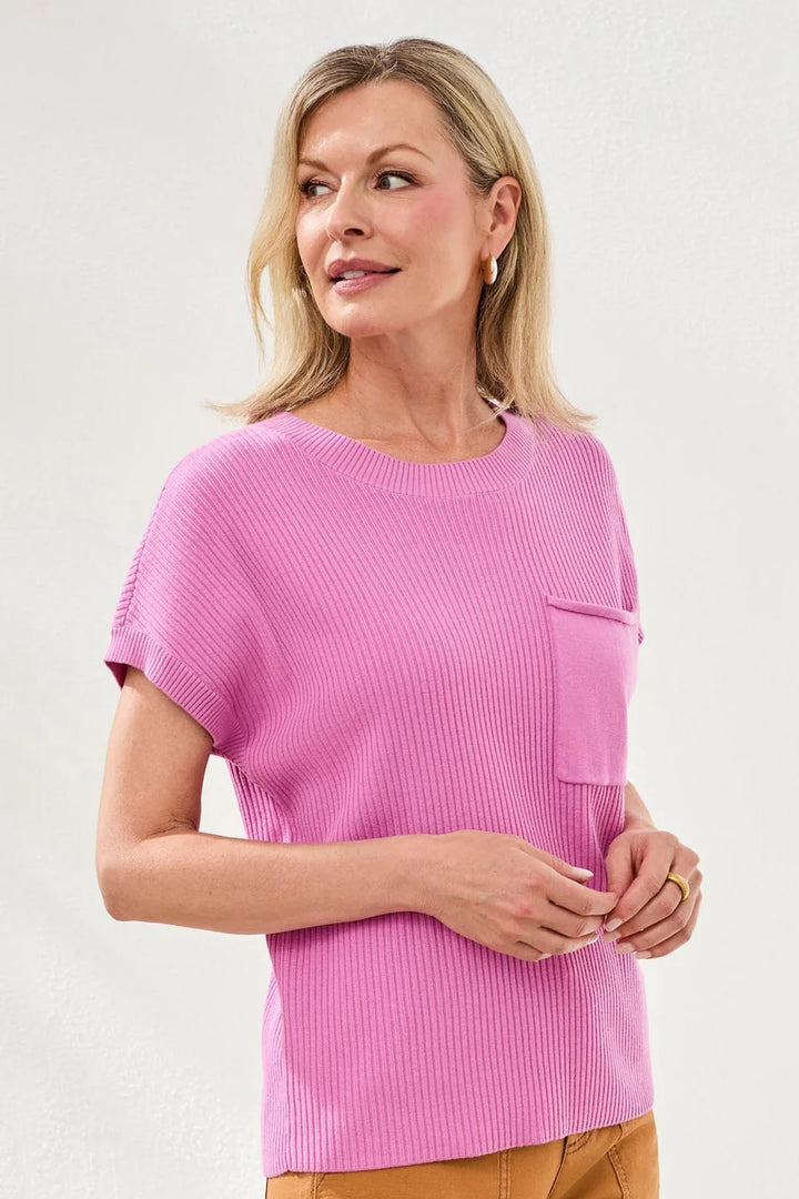 DOLMAN SHORT SLEEVE RIBBED KNIT TOP WITH POCKET "WISTERIA"