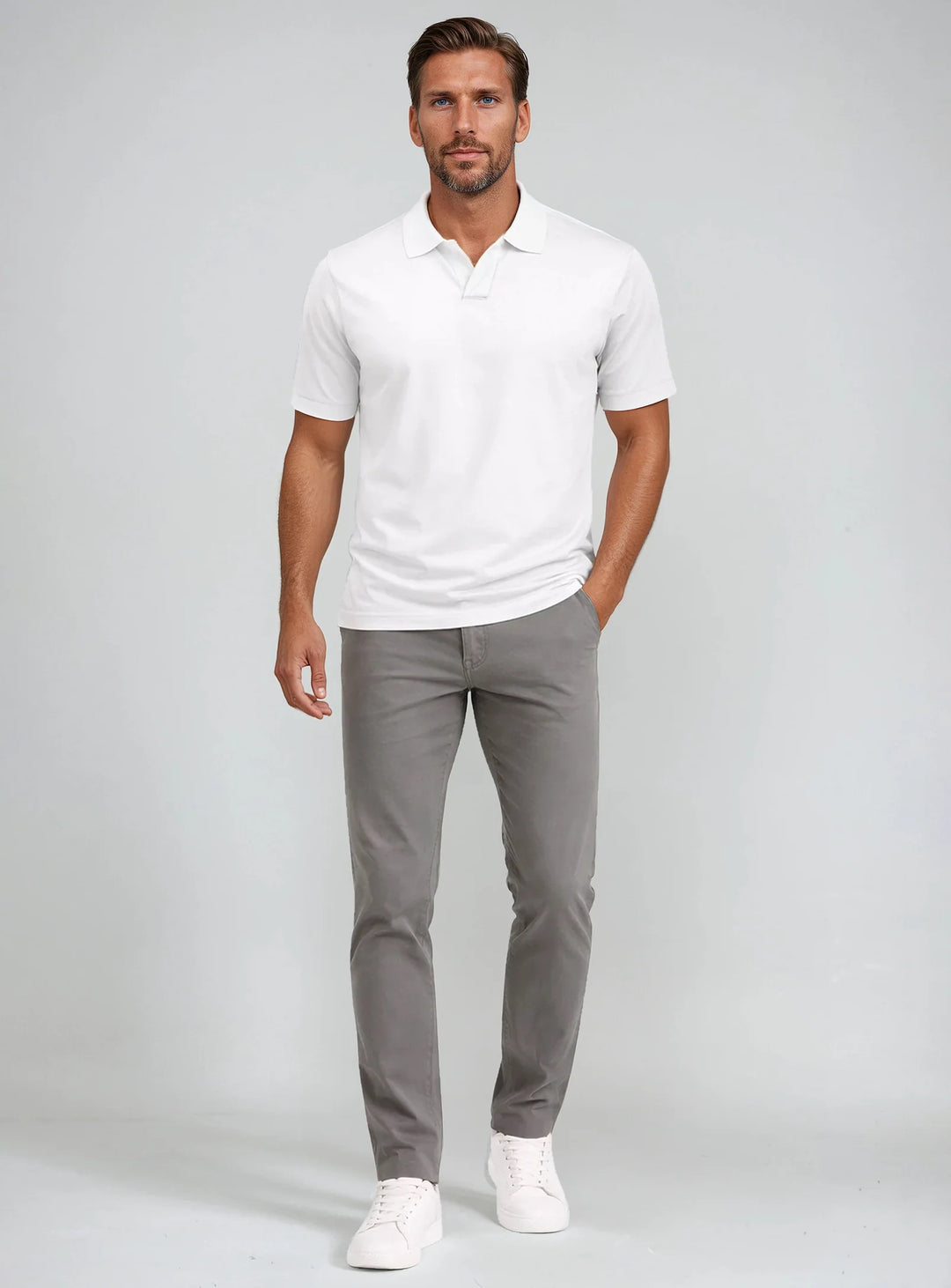 JAXON - SEMI-FIT STRETCH JOHNNY COLLAR T-SHIRT "WHITE"