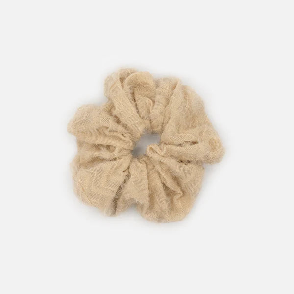 BEIGE SCRUNCHIE WITH EMBROIDERED PATTERN &amp; WOOLY LOOK
