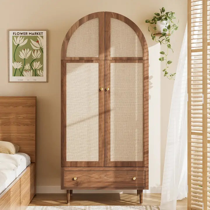 ELEGANT WALNUT WARDROBE WITH FABRIC DOOR AND DRAWER