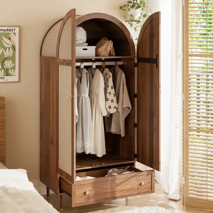 ELEGANT WALNUT WARDROBE WITH FABRIC DOOR AND DRAWER