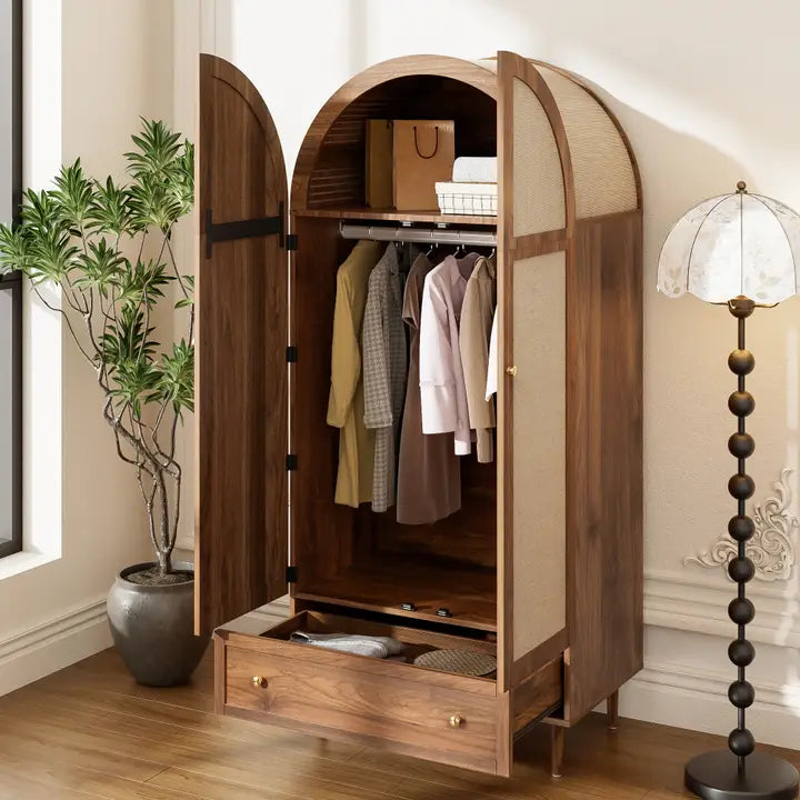 ELEGANT WALNUT WARDROBE WITH FABRIC DOOR AND DRAWER