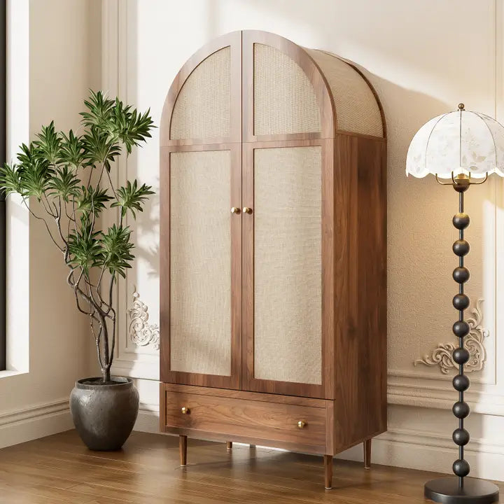 ELEGANT WALNUT WARDROBE WITH FABRIC DOOR AND DRAWER