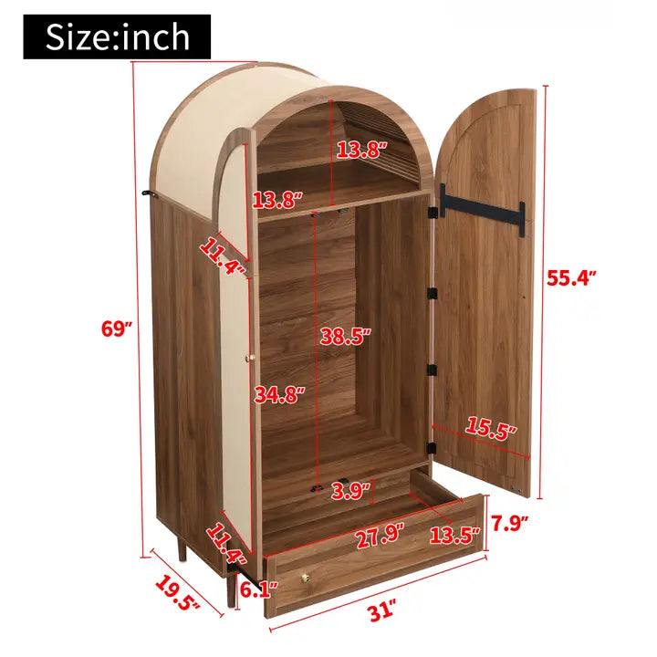 ELEGANT WALNUT WARDROBE WITH FABRIC DOOR AND DRAWER