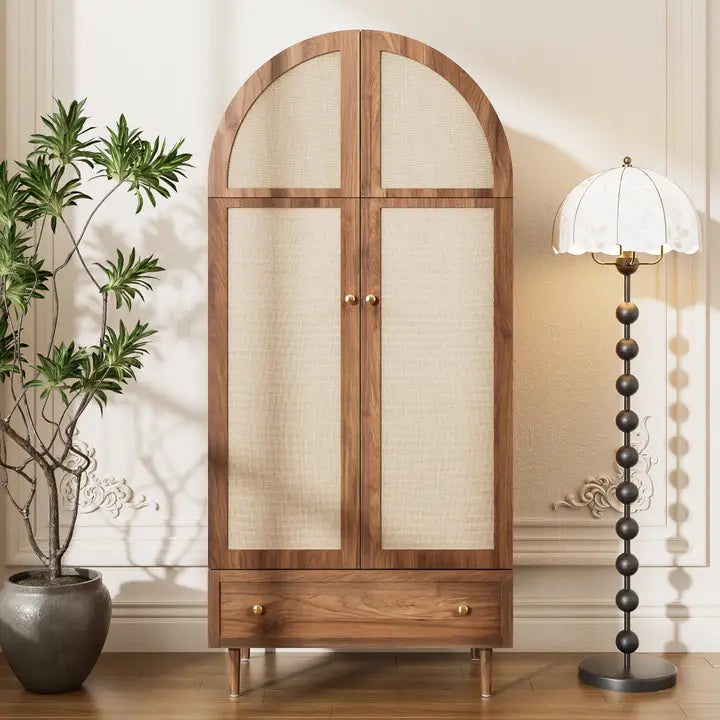 ELEGANT WALNUT WARDROBE WITH FABRIC DOOR AND DRAWER