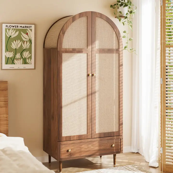 ELEGANT WALNUT WARDROBE WITH FABRIC DOOR AND DRAWER