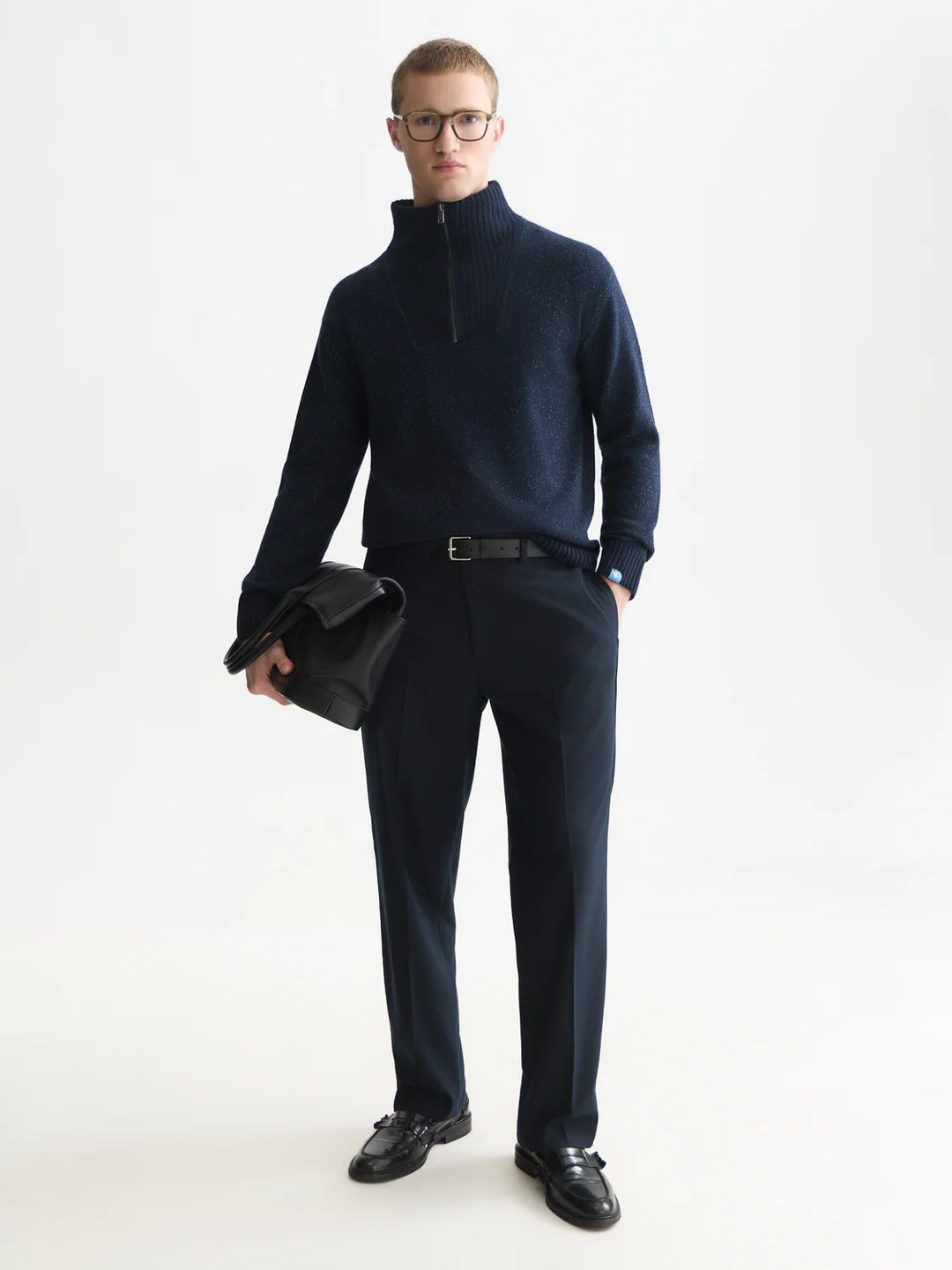 TROYER COTTON-WOOL BLEND ZIP PULLOVER "SKY CAPTAIN MELANGE"