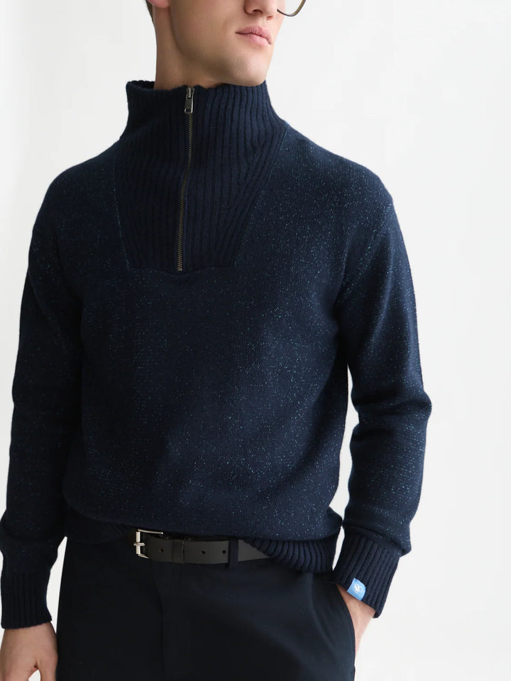 TROYER COTTON-WOOL BLEND ZIP PULLOVER "SKY CAPTAIN MELANGE"