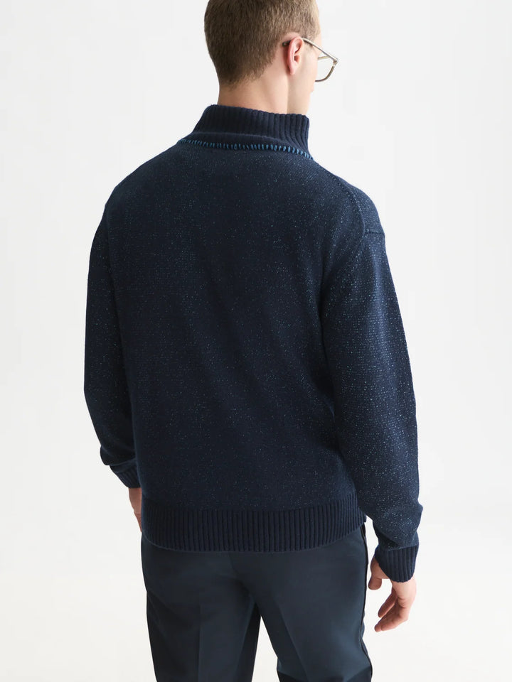 TROYER COTTON-WOOL BLEND ZIP PULLOVER "SKY CAPTAIN MELANGE"