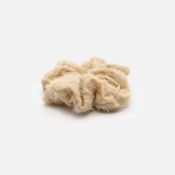 BEIGE SCRUNCHIE WITH EMBROIDERED PATTERN &amp; WOOLY LOOK