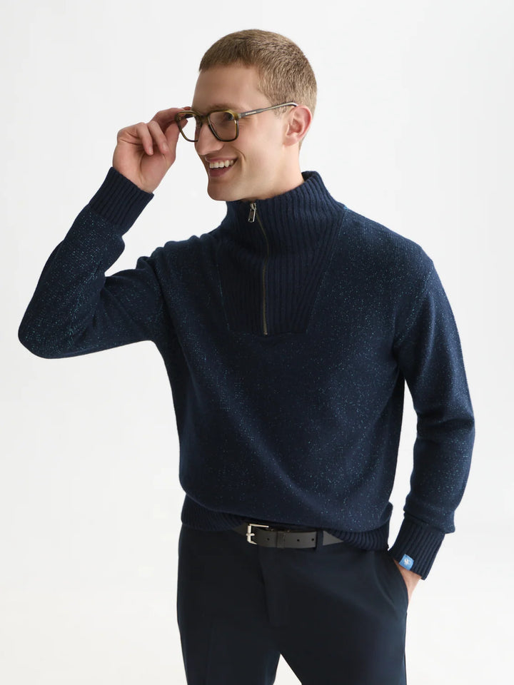 TROYER COTTON-WOOL BLEND ZIP PULLOVER "SKY CAPTAIN MELANGE"