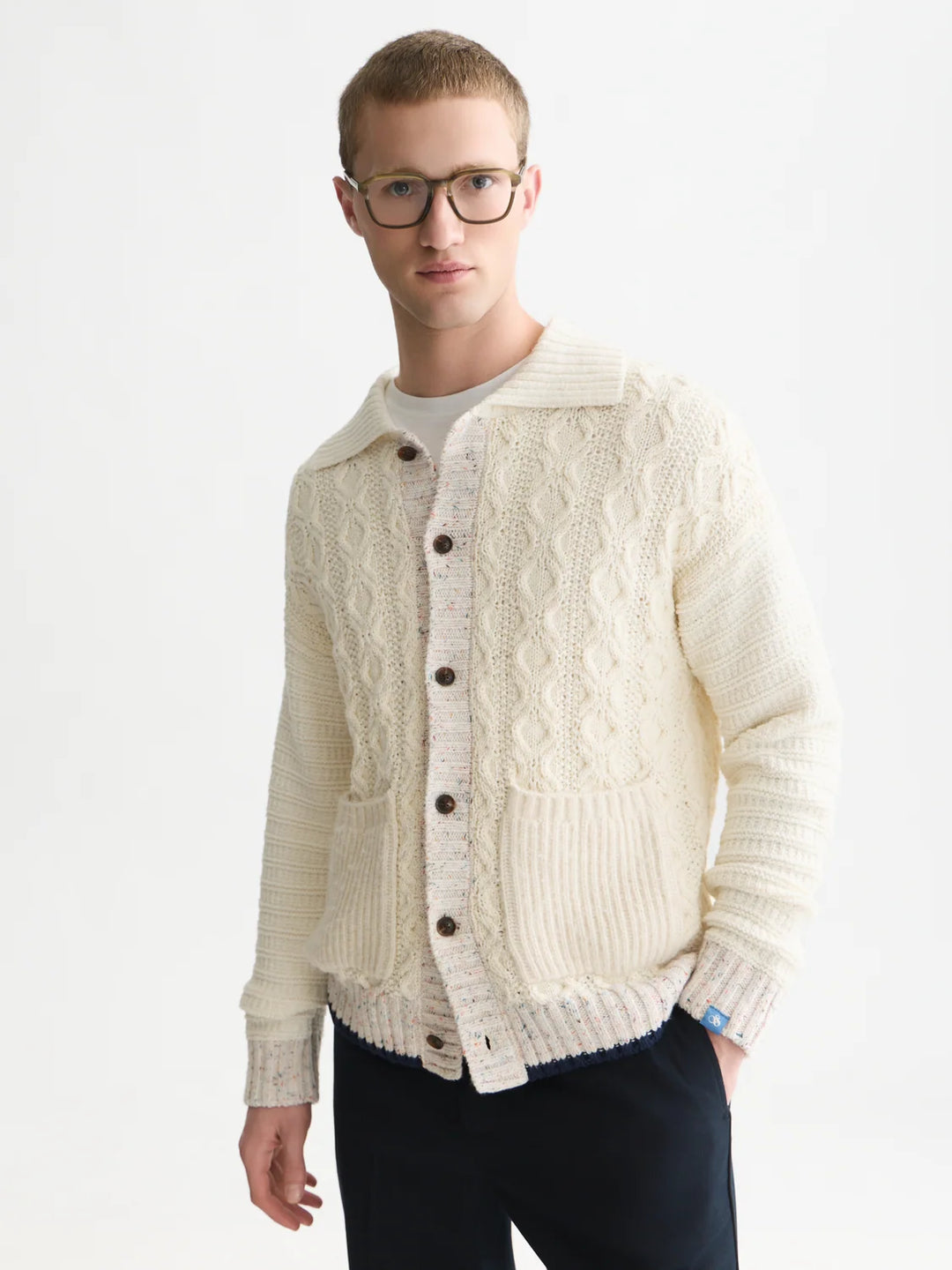 MULTI-YARN COTTON-BLEND KNIT LOOSE FIT CARDIGAN "EGGNOG"