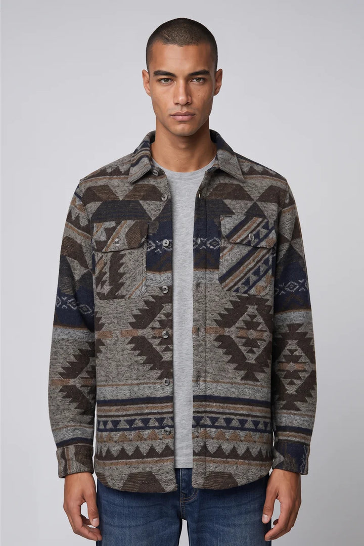 AZEGLIO - BONDED AZTECK PATTERN BUTTON-UP SHIRT "JAVA"