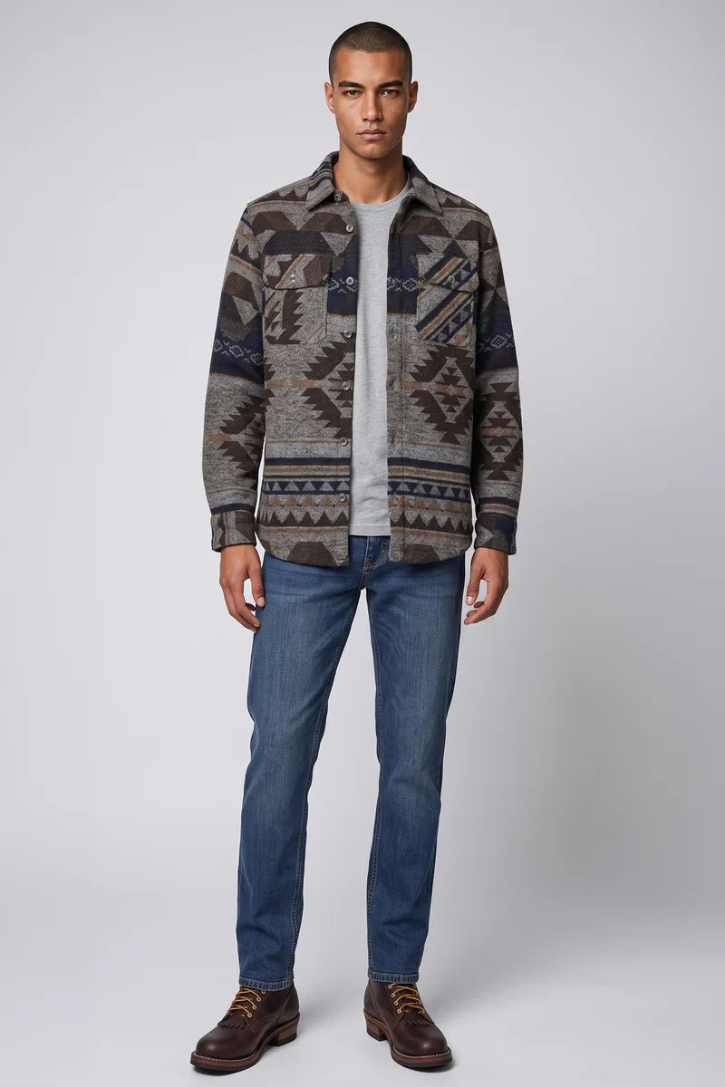 AZEGLIO - BONDED AZTECK PATTERN BUTTON-UP SHIRT "JAVA"