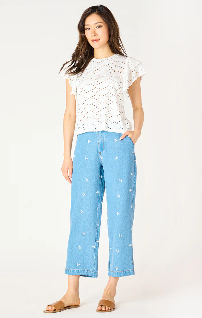 EMBROIDERED WIDE LEG ANKLE PANTS "LIGHT BLUE WASH"