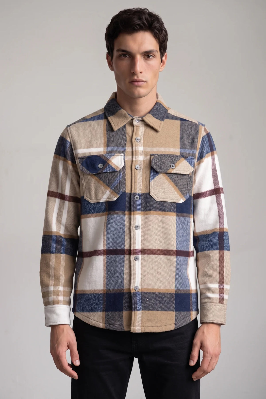 CALCEDONIO - BONDED CHECK PATTERN BUTTON-UP SHIRT "MOSS"