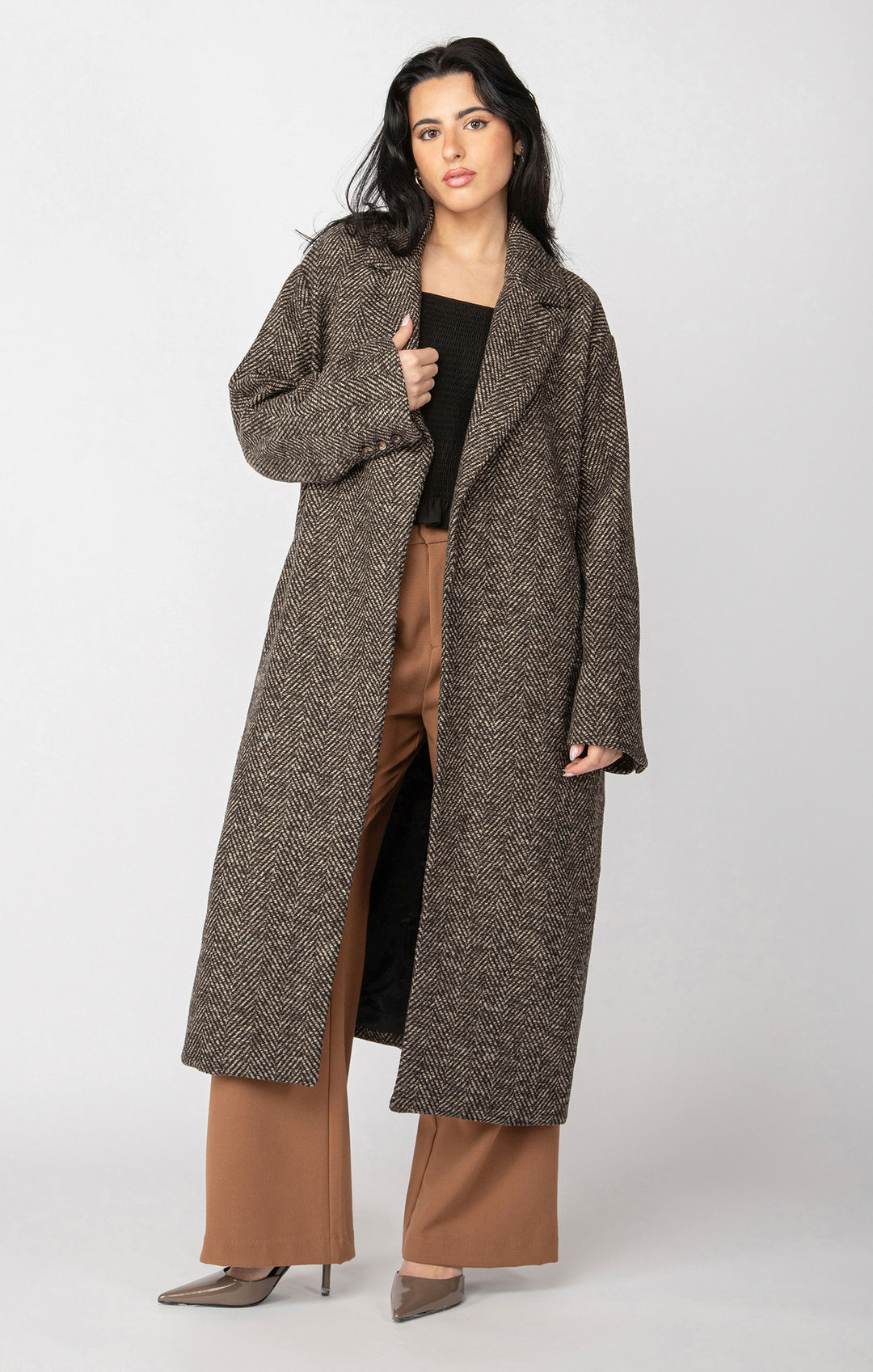 BELTED HERRINGBONE COAT