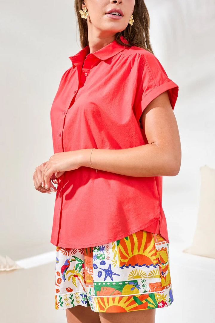 CAMPSHIRT WITH SHIRRING DETAIL IN SOFT CAMBRIC FABRIC "CORALRED"