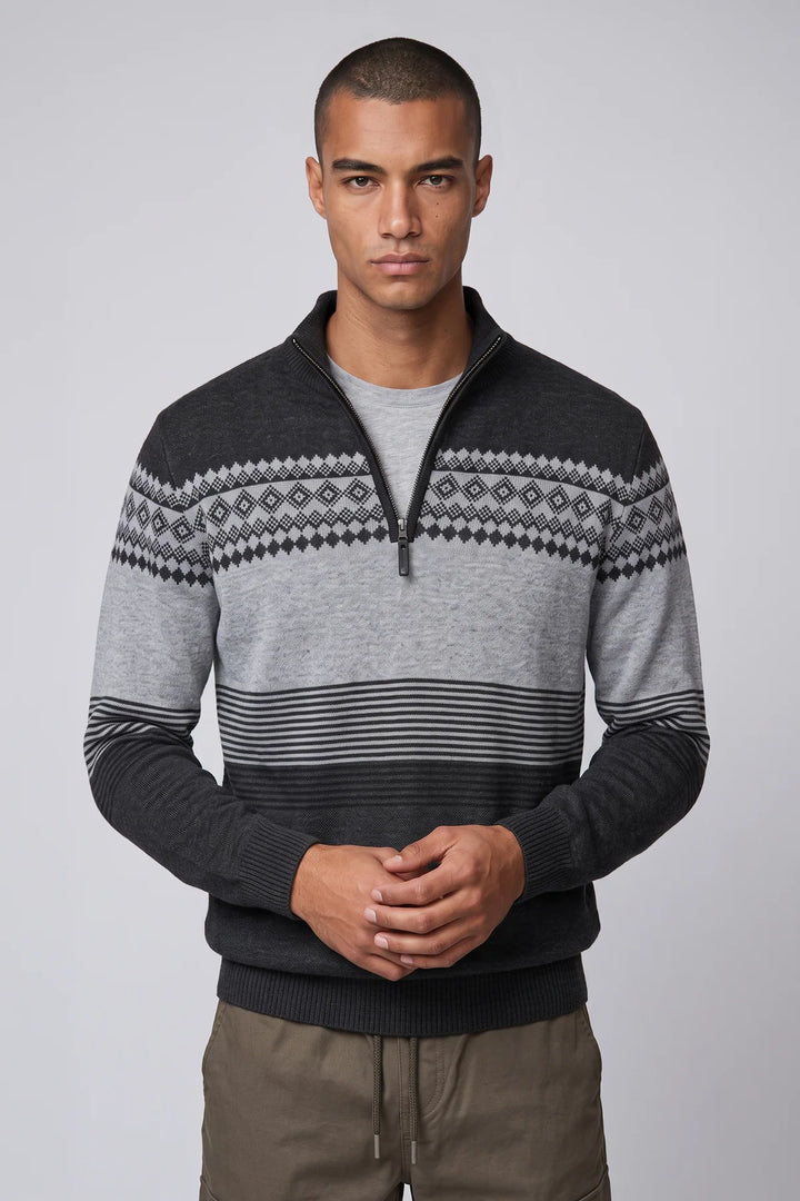 CORD - BONDED MOCK-ZIP SWEATER WITH JACQUARD PATTERN "BLACK"