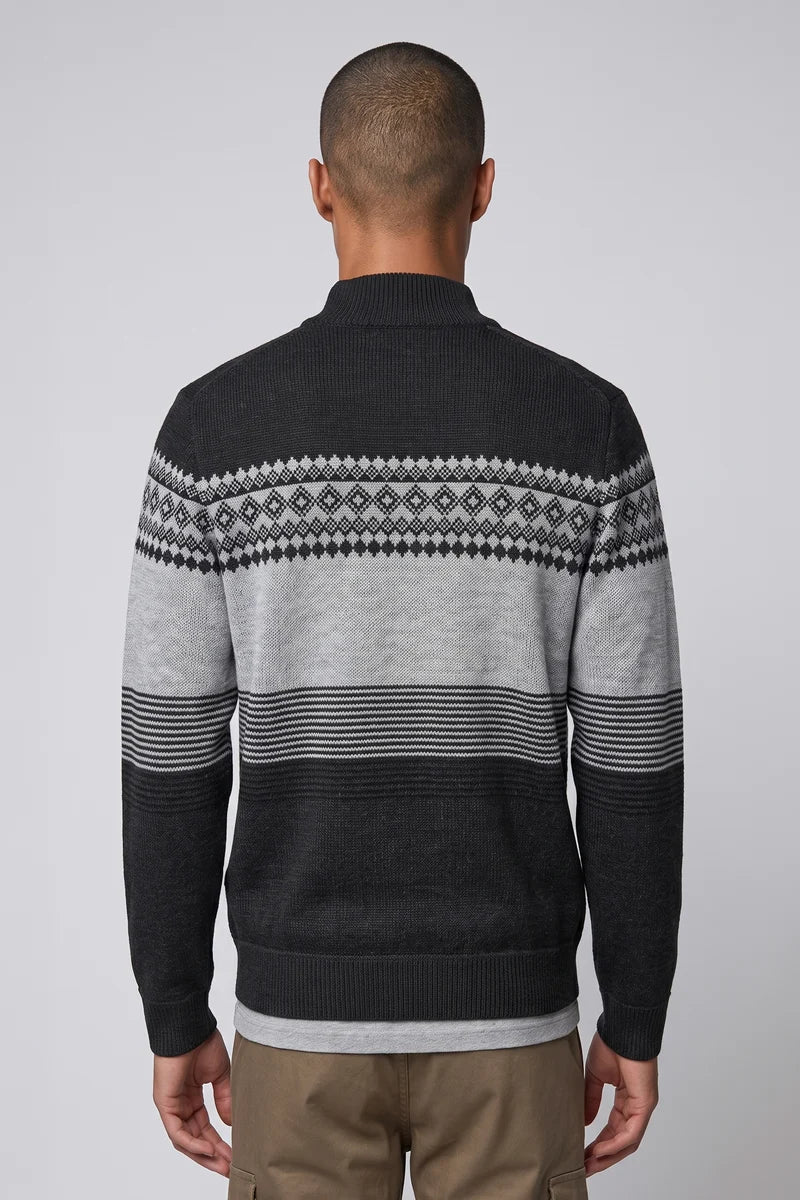 CORD - BONDED MOCK-ZIP SWEATER WITH JACQUARD PATTERN "BLACK"