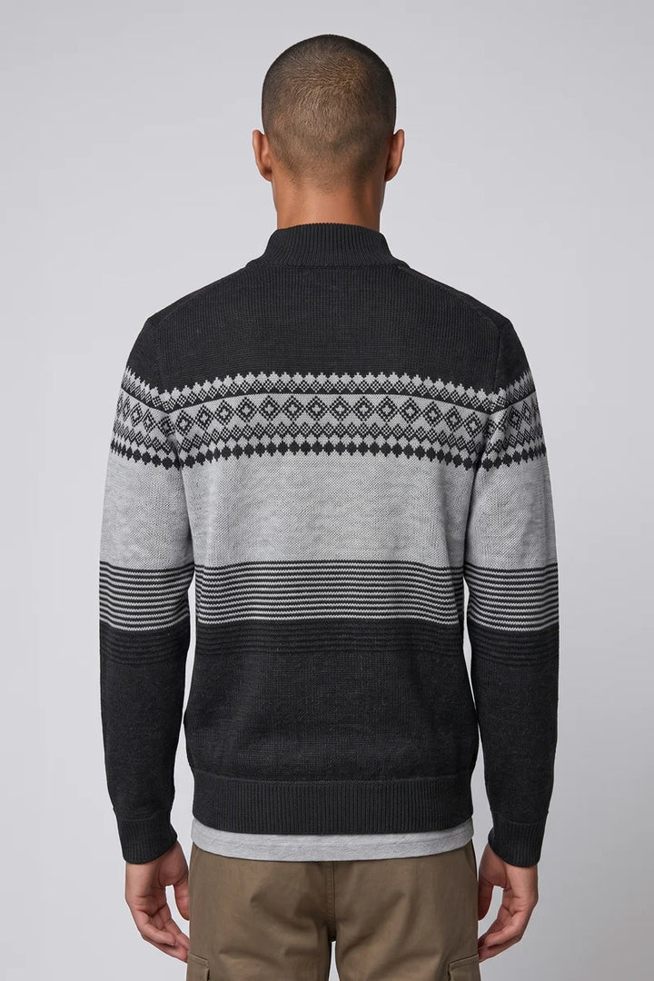 CORD - BONDED MOCK-ZIP SWEATER WITH JACQUARD PATTERN "BLACK"