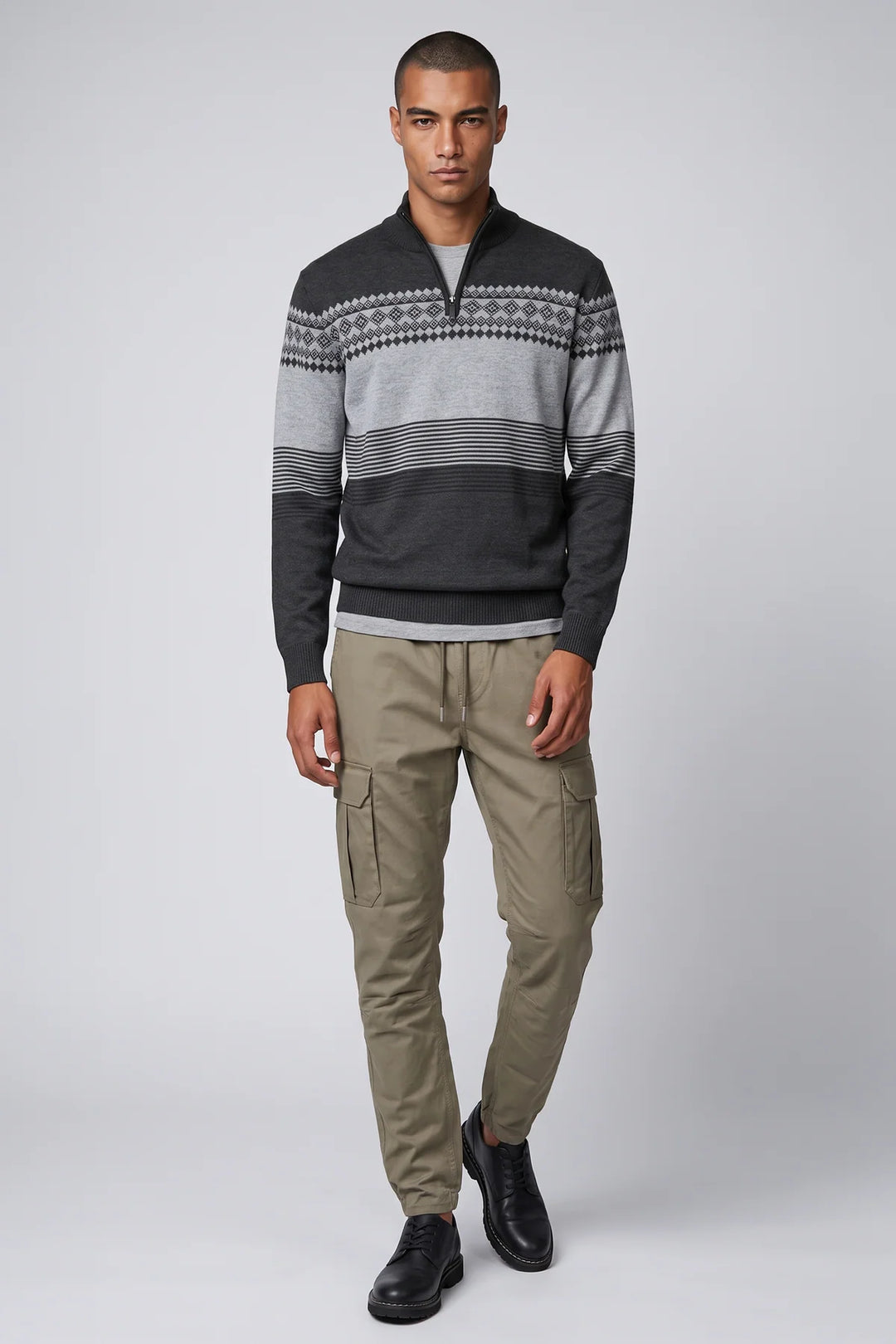 CORD - BONDED MOCK-ZIP SWEATER WITH JACQUARD PATTERN "BLACK"