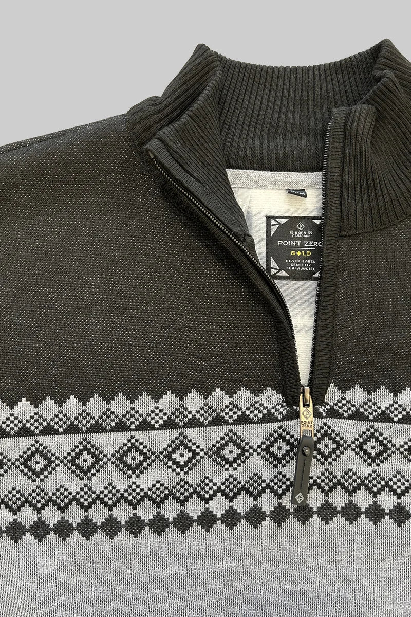 CORD - BONDED MOCK-ZIP SWEATER WITH JACQUARD PATTERN "BLACK"