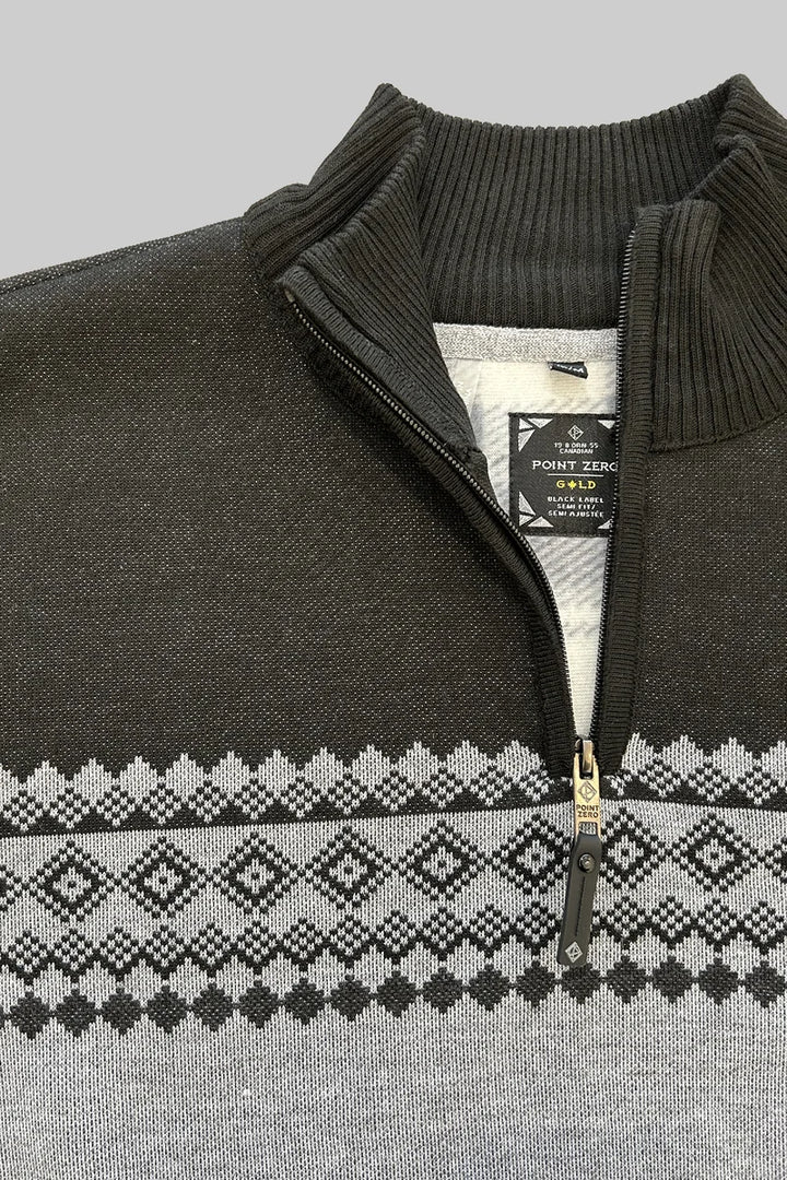 CORD - BONDED MOCK-ZIP SWEATER WITH JACQUARD PATTERN "BLACK"