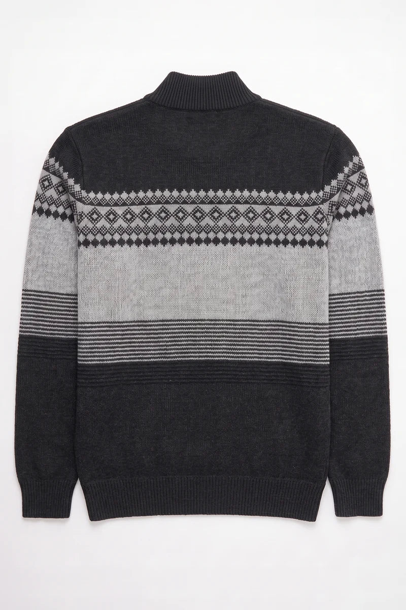 CORD - BONDED MOCK-ZIP SWEATER WITH JACQUARD PATTERN "BLACK"