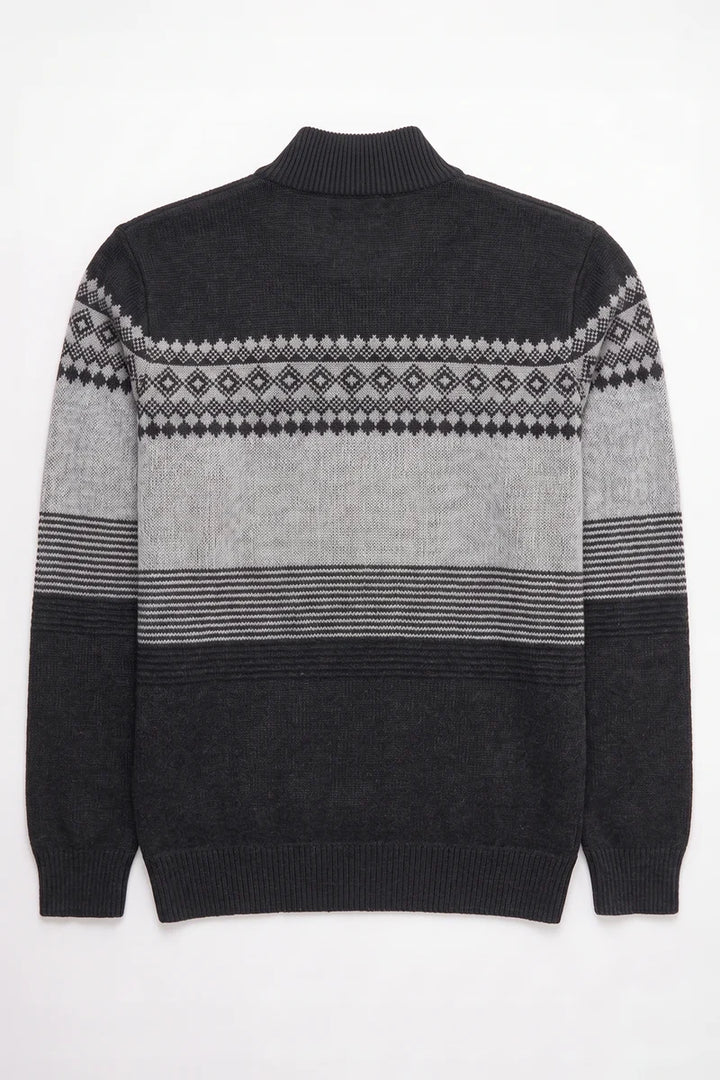 CORD - BONDED MOCK-ZIP SWEATER WITH JACQUARD PATTERN "BLACK"