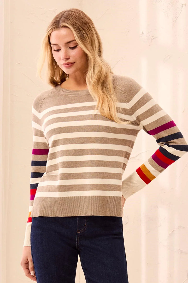 SOFT VISCOSE LONG SLEEVE CREW NECK STRIPE SWEATER "FOSSIL"
