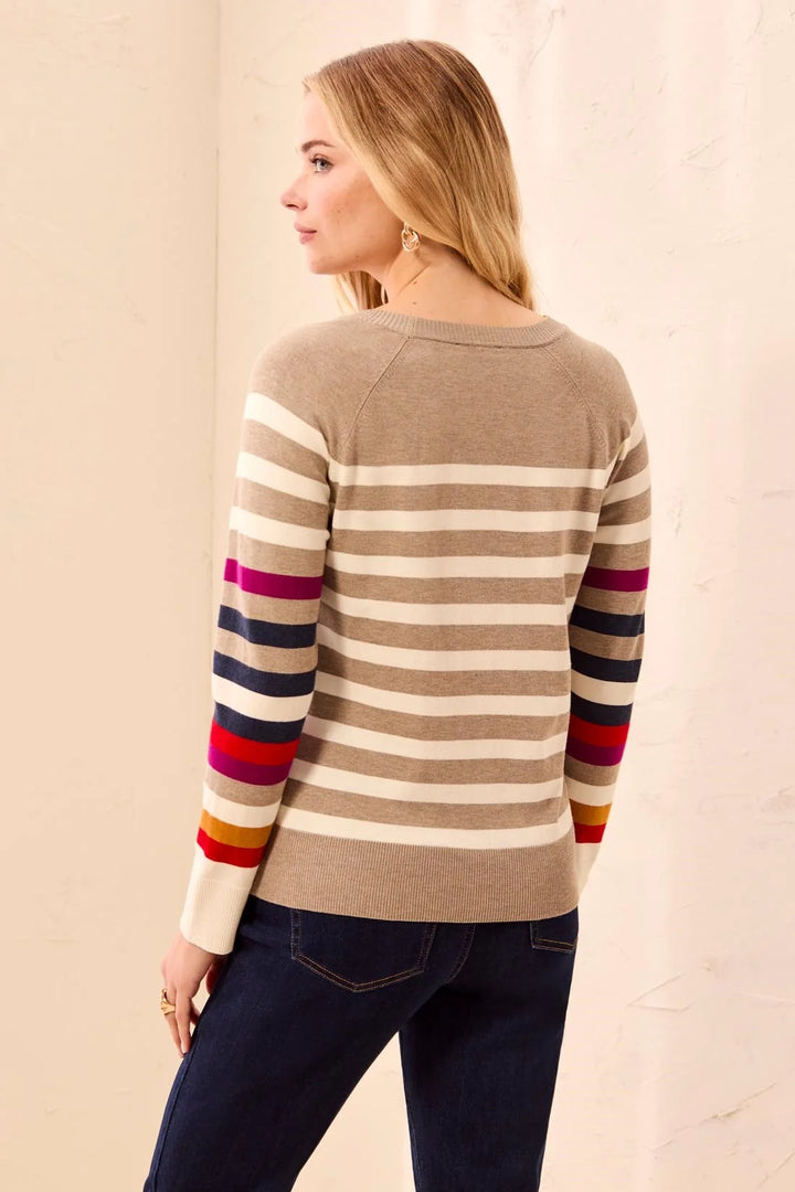 SOFT VISCOSE LONG SLEEVE CREW NECK STRIPE SWEATER "FOSSIL"
