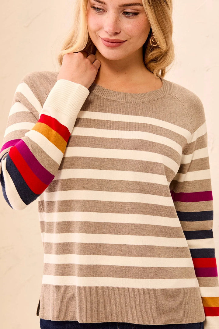 SOFT VISCOSE LONG SLEEVE CREW NECK STRIPE SWEATER "FOSSIL"