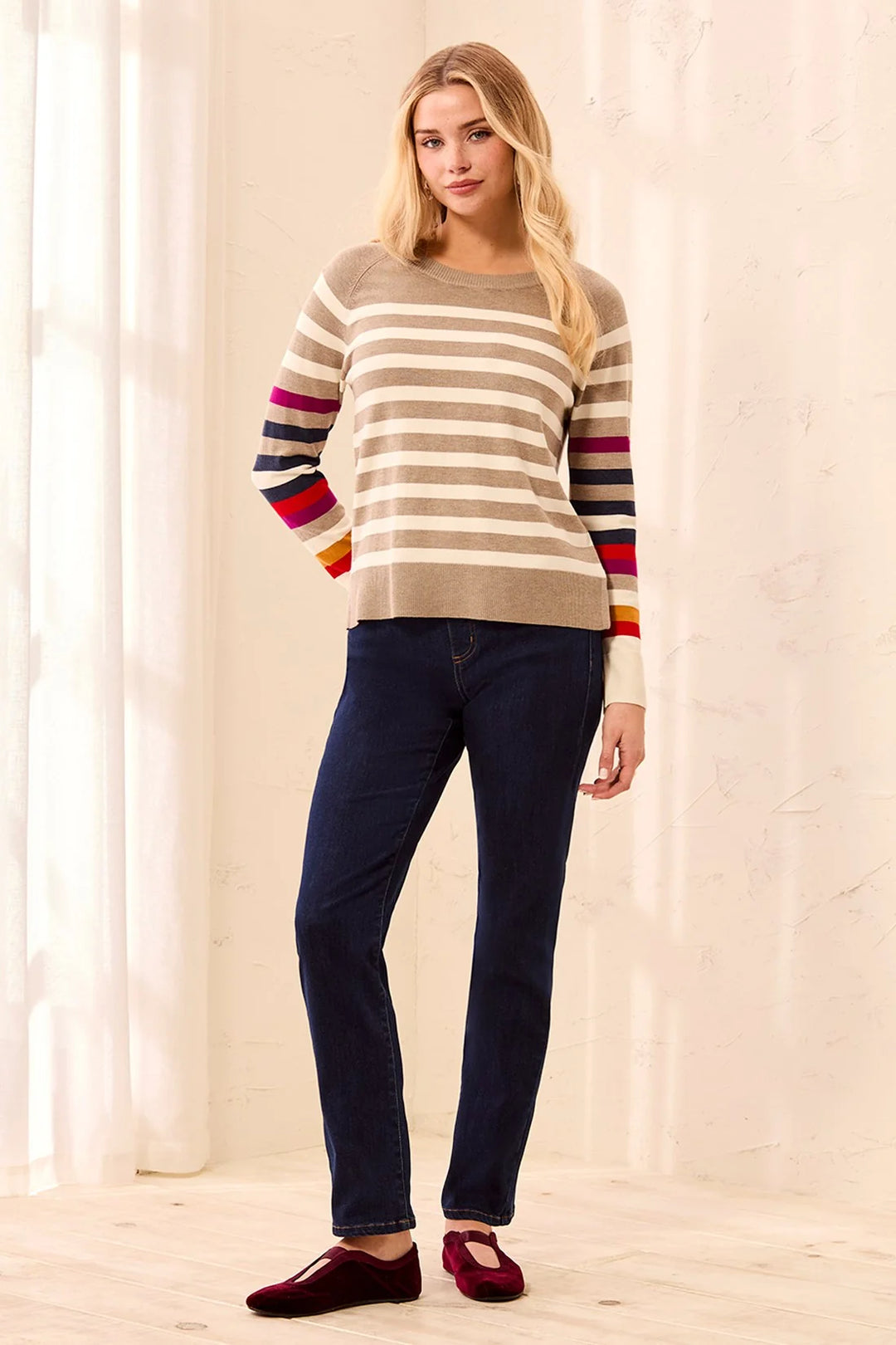 SOFT VISCOSE LONG SLEEVE CREW NECK STRIPE SWEATER "FOSSIL"