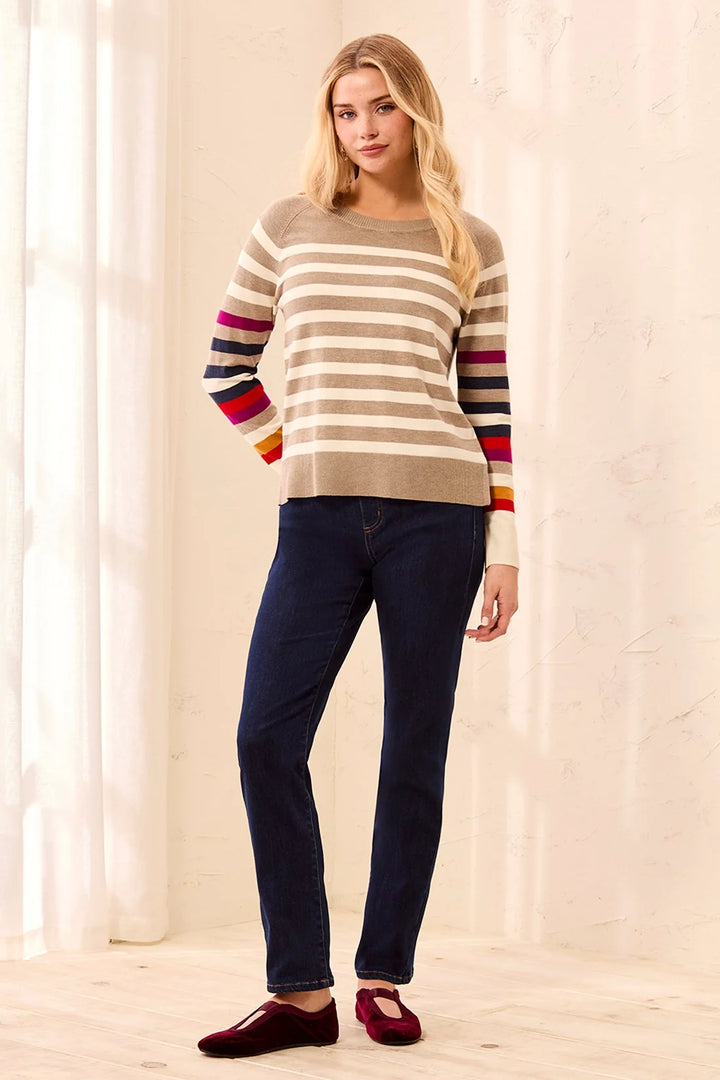 SOFT VISCOSE LONG SLEEVE CREW NECK STRIPE SWEATER "FOSSIL"