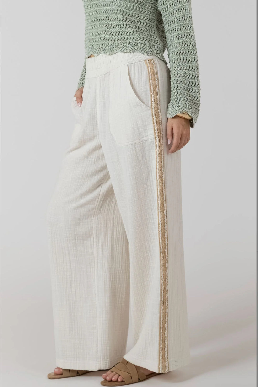 CROCHET TRIM WIDE LEG PANTS "ECRU"