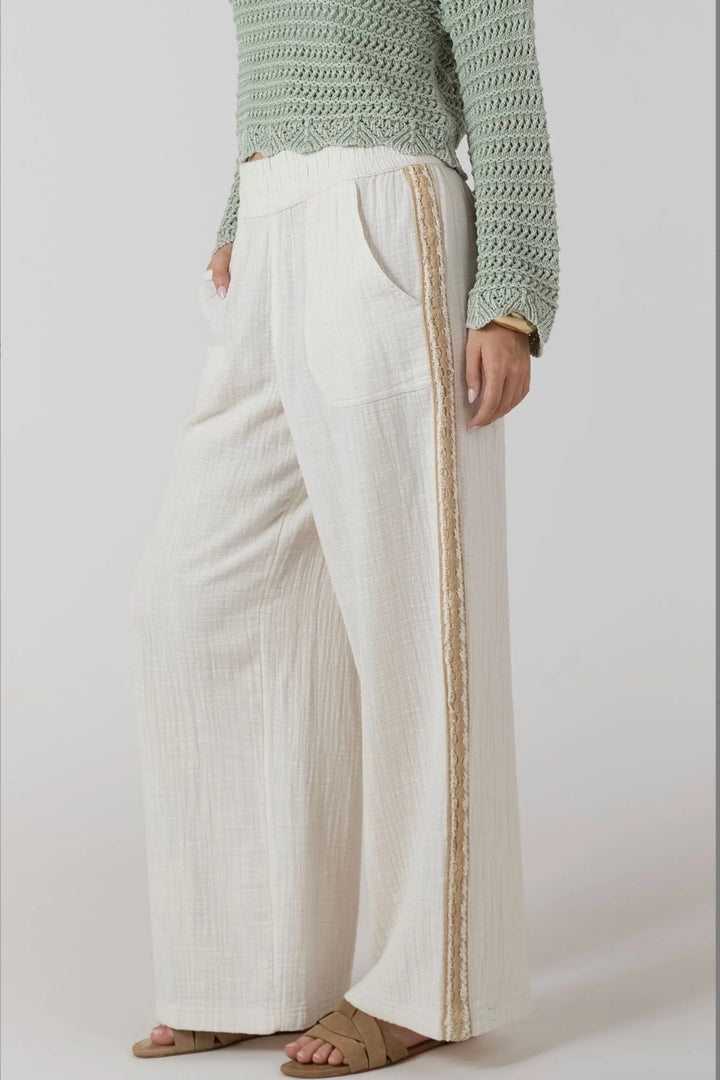 CROCHET TRIM WIDE LEG PANTS "ECRU"