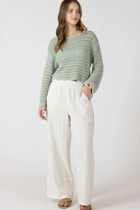 CROCHET TRIM WIDE LEG PANTS "ECRU"