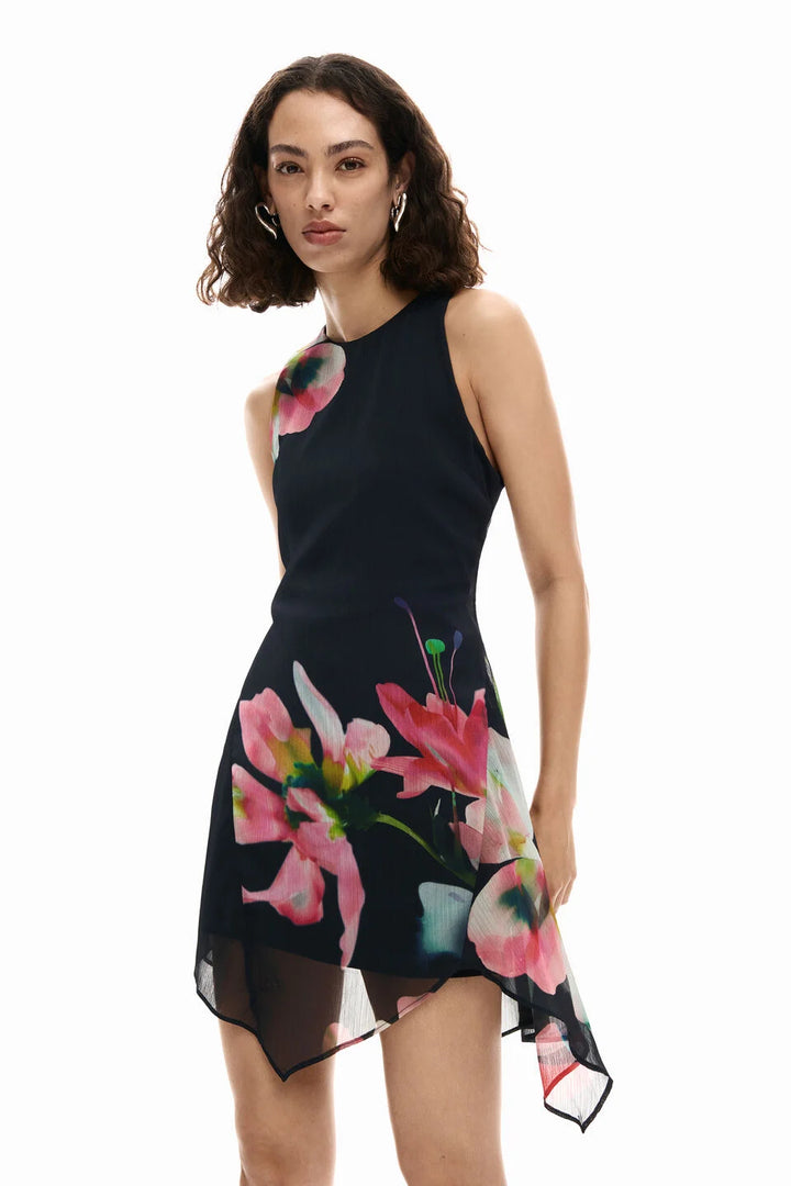 ASSYMETRICAL FLORAL DRESS "BLACK"