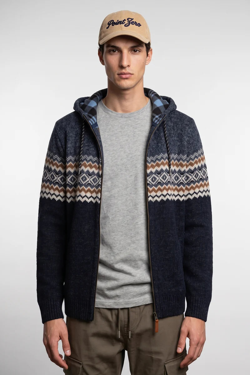 ECKARD - BONDED FULL-ZIP JACQUARD SWEATER HOODIE "NAVY"