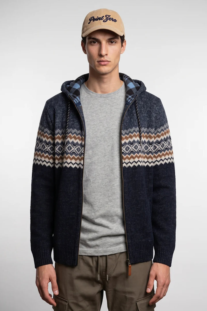 ECKARD - BONDED FULL-ZIP JACQUARD SWEATER HOODIE "NAVY"