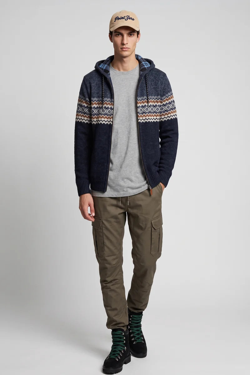 ECKARD - BONDED FULL-ZIP JACQUARD SWEATER HOODIE "NAVY"