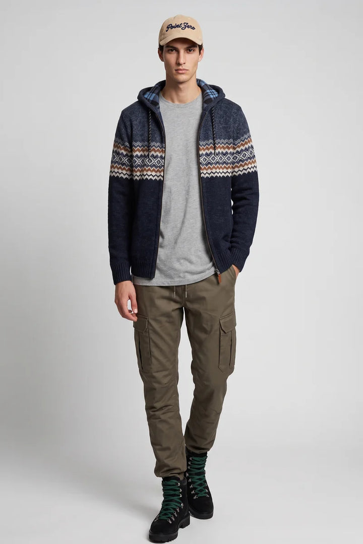 ECKARD - BONDED FULL-ZIP JACQUARD SWEATER HOODIE "NAVY"