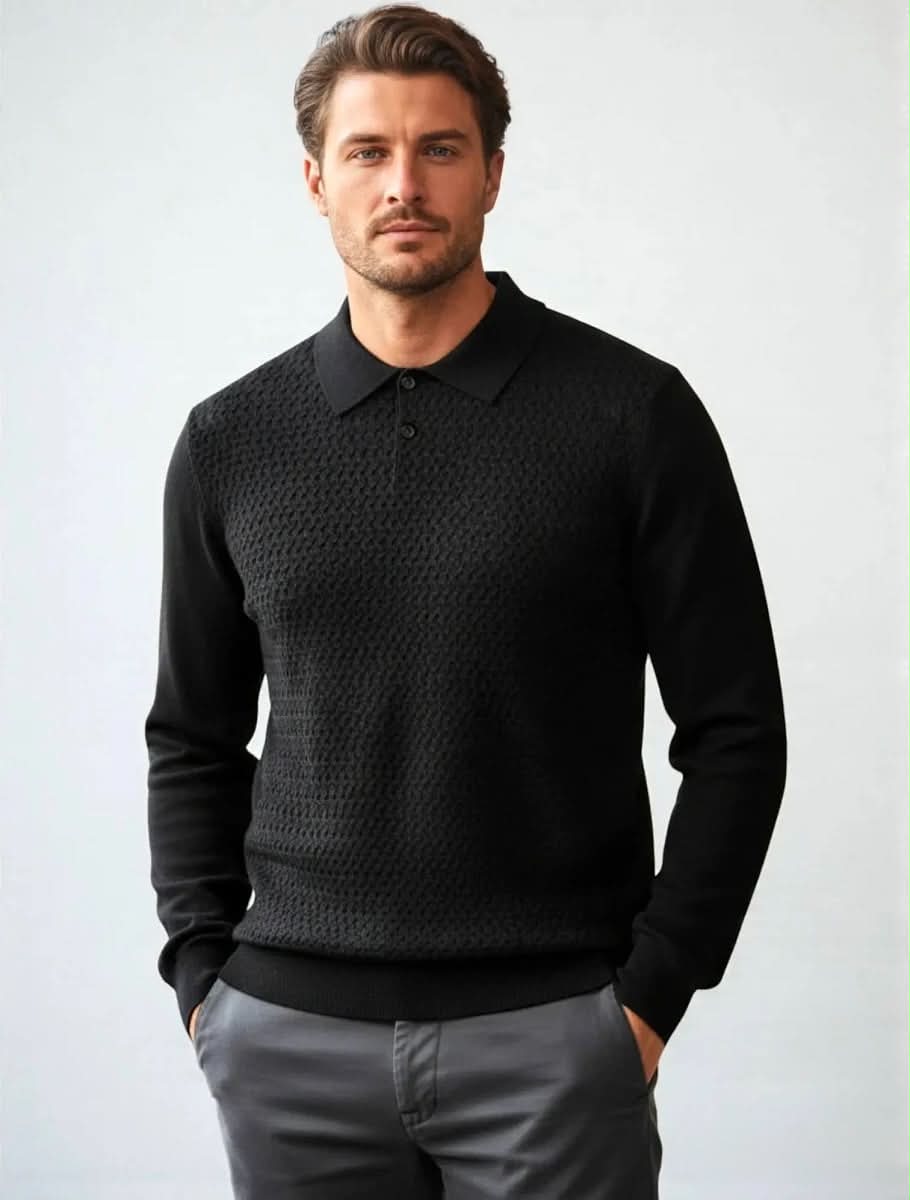 CASHMERE-LIKE KNIT FRONT COLLARED SWEATER "BLACK"