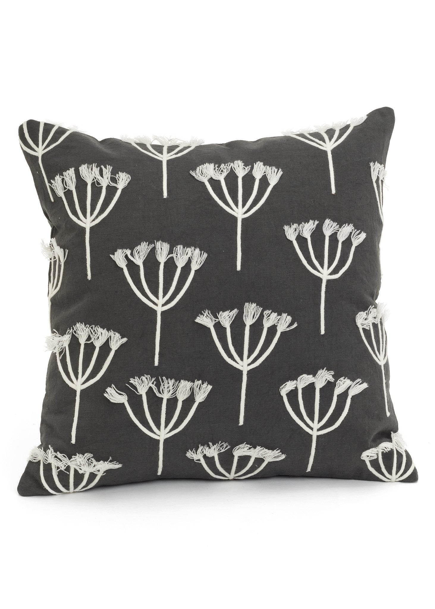 COTTON EMBROIDERED FLOWER CUSHION - DARK GREY 17X17
