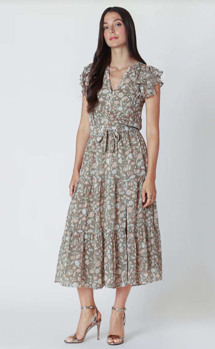 FLUTTER SLEEVE TIERED MIDI DRESS "SAGE/PINK FLORAL"