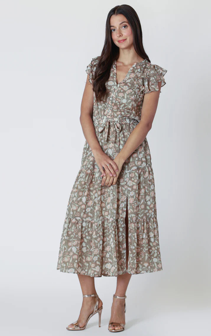 FLUTTER SLEEVE TIERED MIDI DRESS "SAGE/PINK FLORAL"