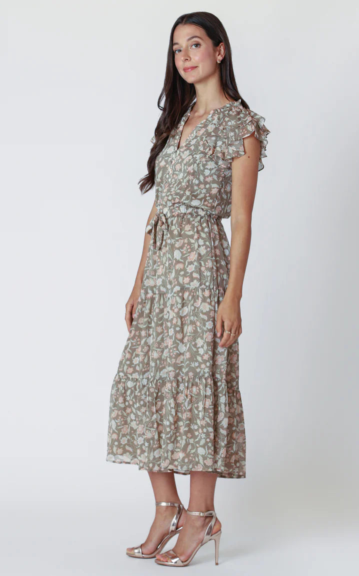 FLUTTER SLEEVE TIERED MIDI DRESS "SAGE/PINK FLORAL"