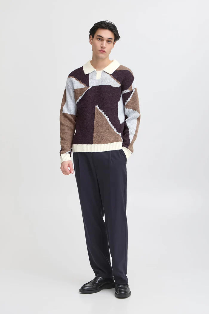 CFBIRK GEOMETRIC KNIT WITH POLO COLLAR "ROASTED CASHEW"
